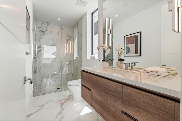 full bathroom featuring marble finish floor, a marble finish shower, visible vents, toilet, and vanity