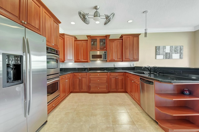 kitchen featuring light tile patterned floors, stainless steel appliances, a peninsula, open shelves, and brown cabinetry