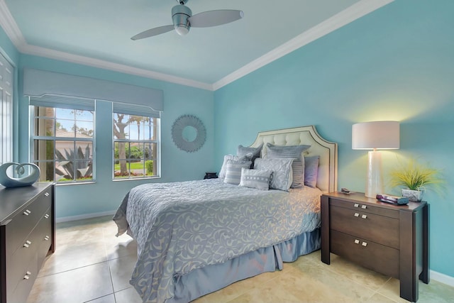 tiled bedroom featuring ceiling fan, baseboards, and crown molding