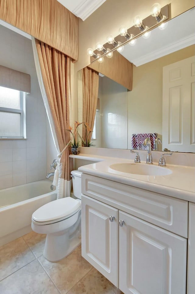 bathroom with crown molding, toilet, shower / tub combo, vanity, and tile patterned flooring