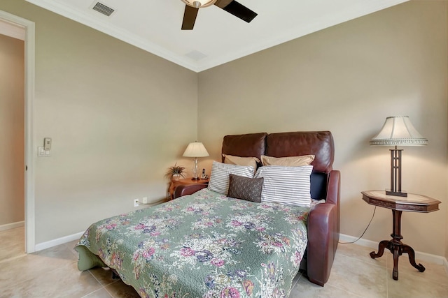 bedroom featuring crown molding, visible vents, a ceiling fan, baseboards, and tile patterned floors