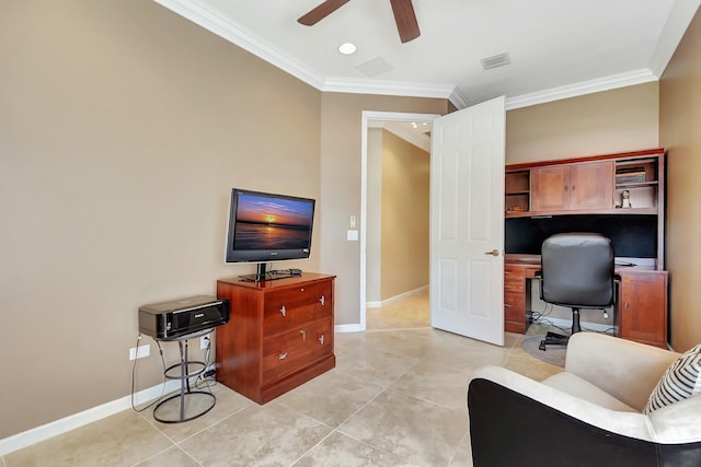 office with light tile patterned floors, baseboards, ornamental molding, and a ceiling fan