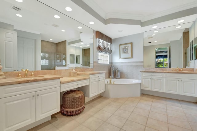 bathroom with a sink, visible vents, ornamental molding, a shower stall, and a bath