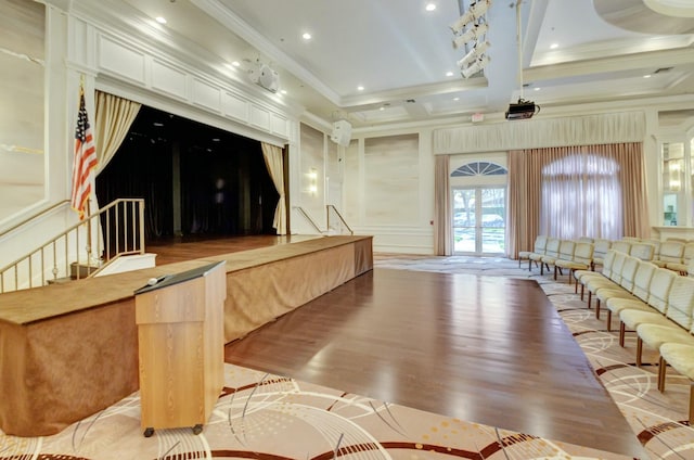 interior space featuring ornamental molding, coffered ceiling, beam ceiling, and recessed lighting