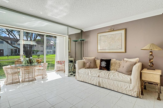 living room featuring a textured ceiling and crown molding