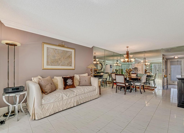 living room featuring visible vents, a notable chandelier, a textured ceiling, and light tile patterned floors