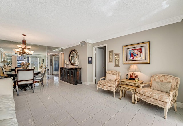 living room featuring a textured ceiling, baseboards, marble finish floor, ornamental molding, and an inviting chandelier