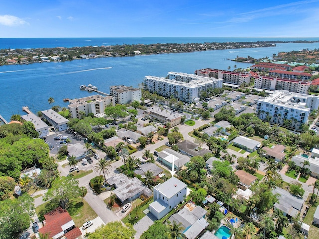 aerial view featuring a water view and a city view