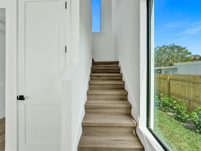 staircase featuring plenty of natural light and wood finished floors