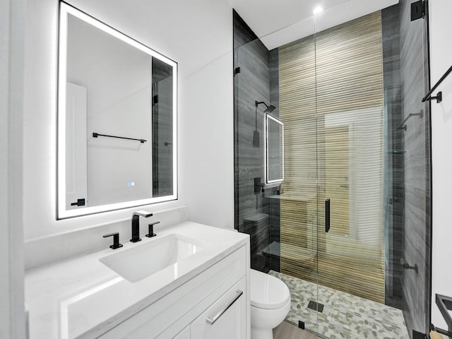 bathroom featuring toilet, a stall shower, and vanity