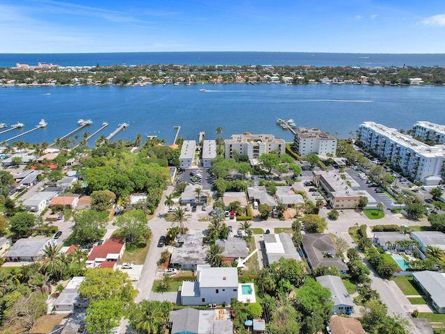 drone / aerial view with a water view