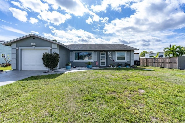 single story home featuring concrete driveway, an attached garage, fence, a front lawn, and stucco siding