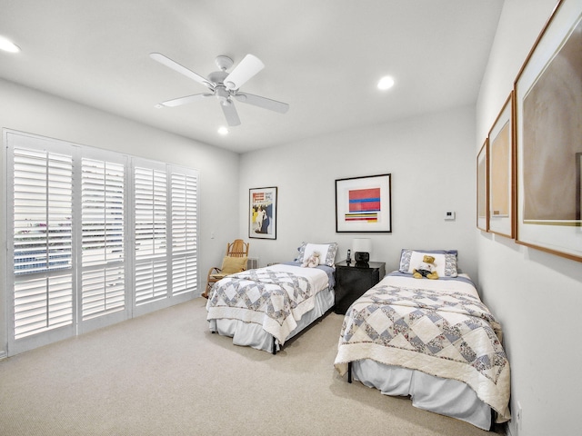 bedroom with carpet floors, recessed lighting, and ceiling fan