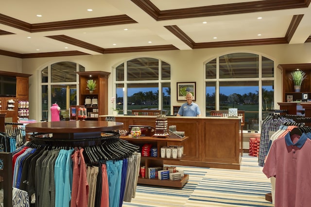 interior space with recessed lighting, beamed ceiling, coffered ceiling, and crown molding