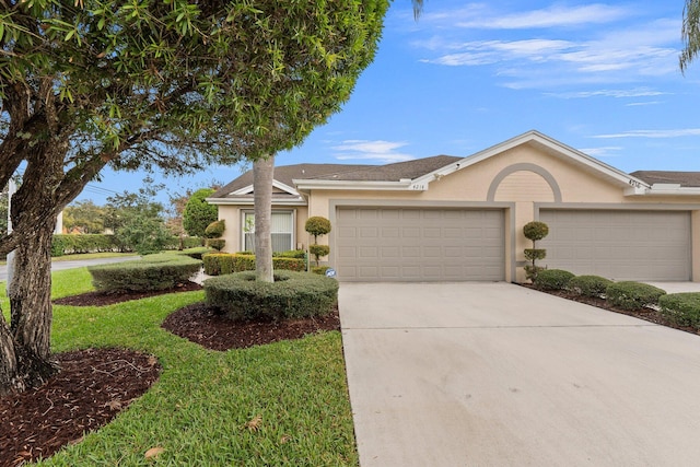 ranch-style house featuring a front lawn, concrete driveway, an attached garage, and stucco siding