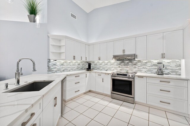 4214 SE Home Way, Port Saint Lucie, FL 34952 - kitchen with stainless steel range with electric cooktop, open shelves, a sink, tasteful backsplash, and visible vents
