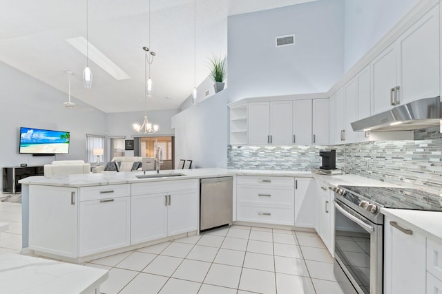 4214 SE Home Way, Port Saint Lucie, FL 34952 - kitchen with a sink, high vaulted ceiling, a peninsula, under cabinet range hood, and stainless steel appliances