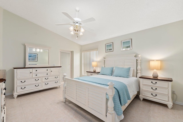 4214 SE Home Way, Port Saint Lucie, FL 34952 - bedroom featuring a ceiling fan, baseboards, vaulted ceiling, and light tile patterned floors