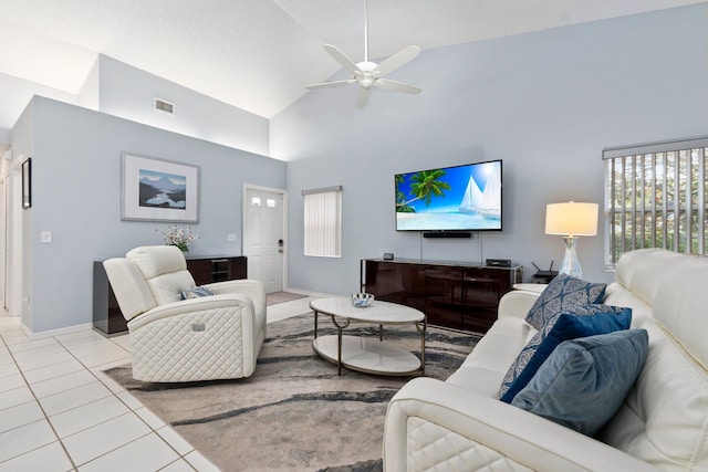 4214 SE Home Way, Port Saint Lucie, FL 34952 - tiled living area featuring high vaulted ceiling, ceiling fan, baseboards, and visible vents