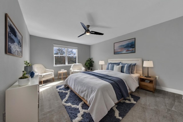 bedroom with baseboards, ceiling fan, and light colored carpet