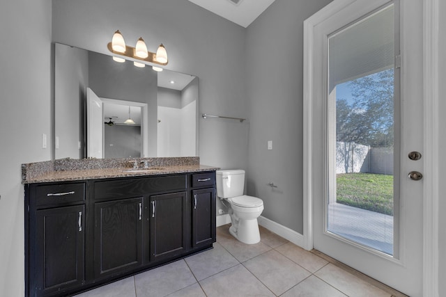 bathroom featuring plenty of natural light, vanity, toilet, and tile patterned floors