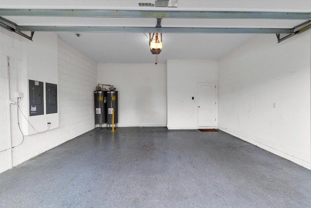 garage featuring a garage door opener, concrete block wall, electric panel, and water heater