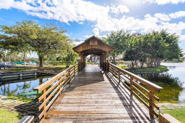 view of dock with a water view