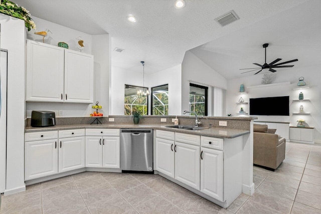 kitchen with visible vents, open floor plan, white cabinets, a sink, and dishwasher