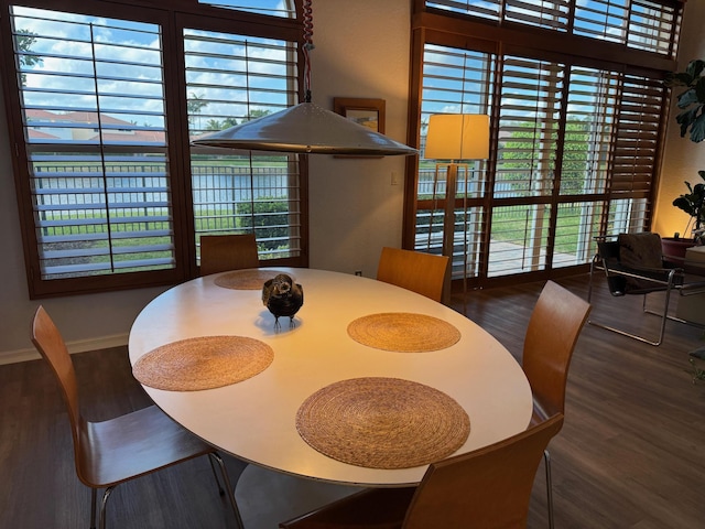 dining area with dark wood-style floors and baseboards