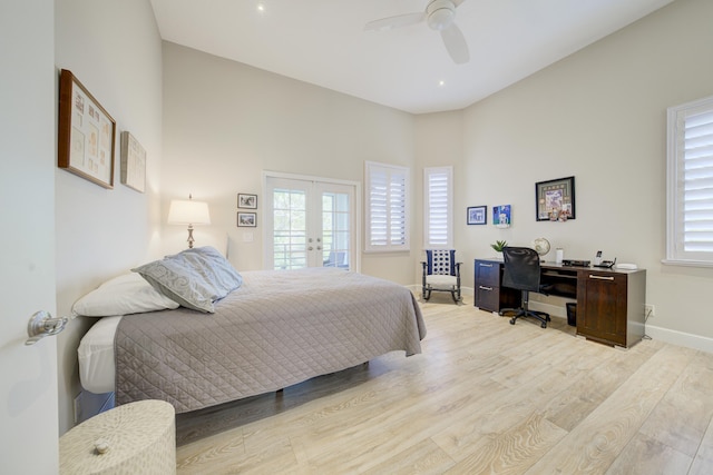 bedroom featuring baseboards, ceiling fan, access to exterior, french doors, and light wood-type flooring