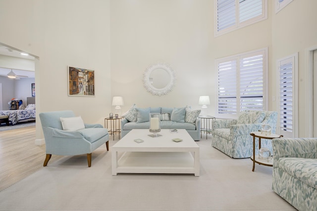 living room with a high ceiling