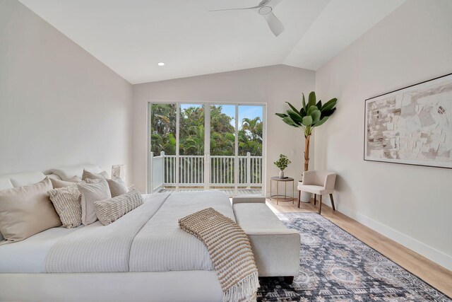 bedroom with lofted ceiling, recessed lighting, a ceiling fan, light wood-type flooring, and baseboards