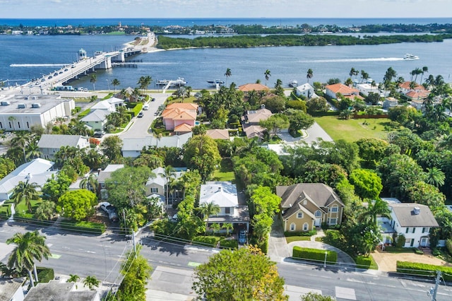 aerial view with a water view and a residential view