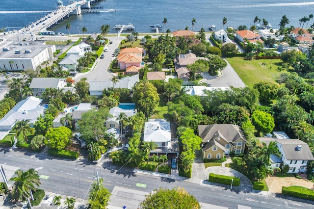 aerial view with a water view and a residential view