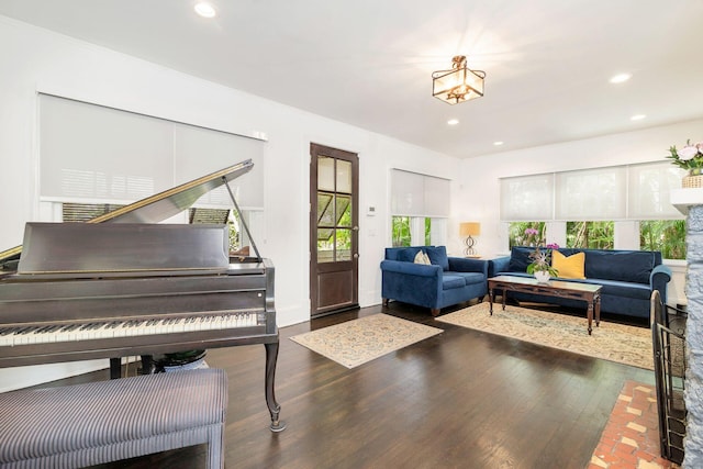 interior space with dark wood-style flooring and recessed lighting