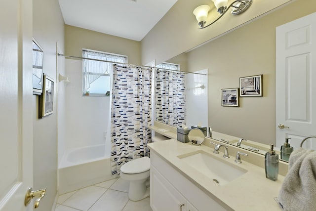 full bath with shower / tub combo, tile patterned flooring, vanity, and toilet