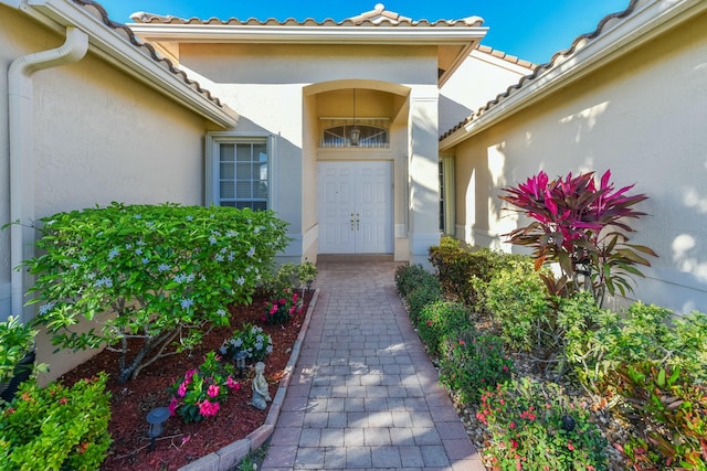 entrance to property with stucco siding