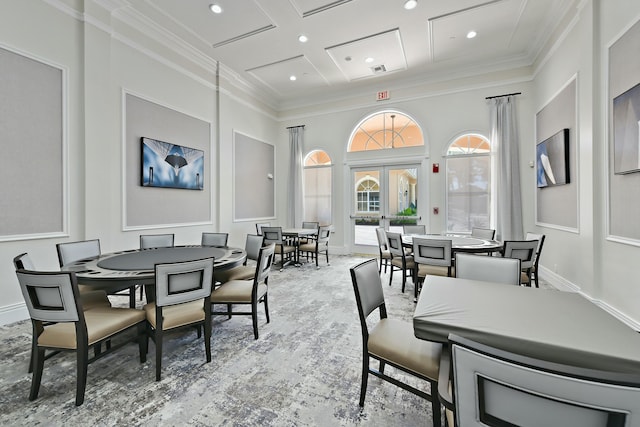 dining space with ornamental molding, french doors, coffered ceiling, and baseboards