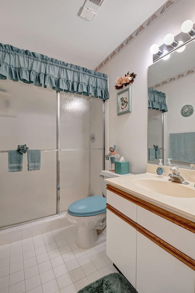 bathroom with a stall shower, visible vents, toilet, tile patterned flooring, and vanity