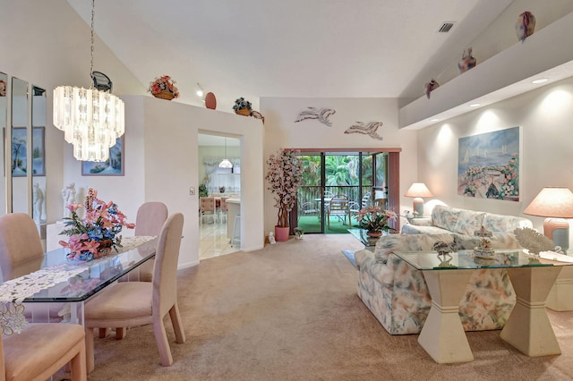 bedroom with high vaulted ceiling, a notable chandelier, light carpet, visible vents, and access to exterior