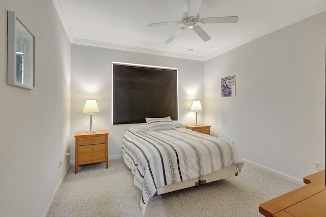 bedroom with light carpet, crown molding, and baseboards