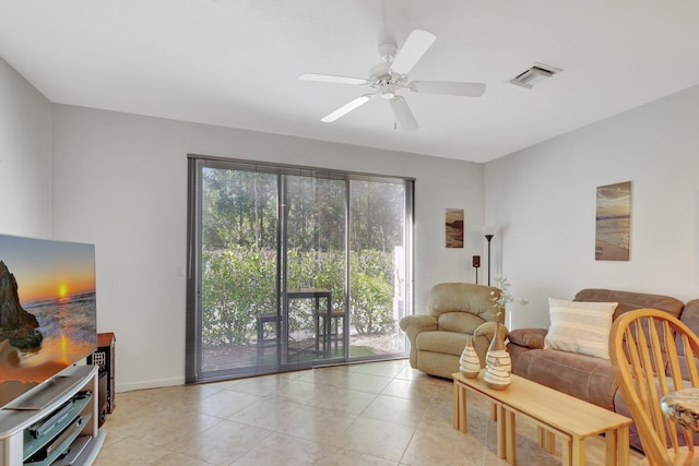 living area featuring visible vents, ceiling fan, baseboards, and light tile patterned floors