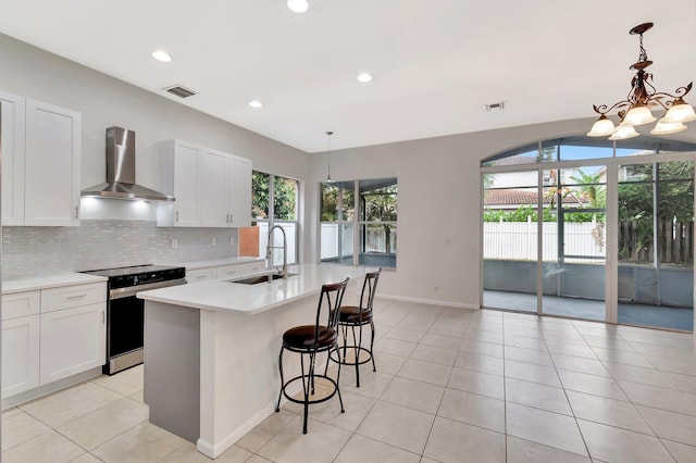 kitchen featuring visible vents, backsplash, stainless steel range with electric cooktop, a sink, and wall chimney exhaust hood