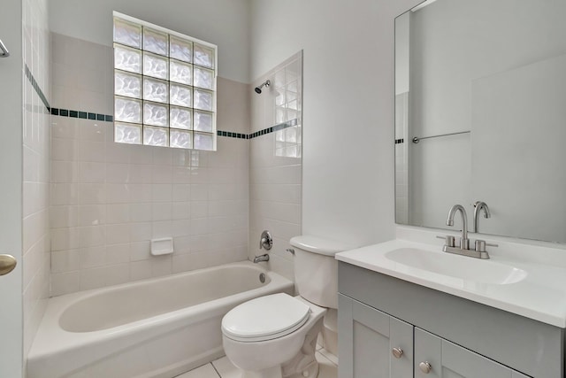 full bathroom with bathing tub / shower combination, toilet, and vanity