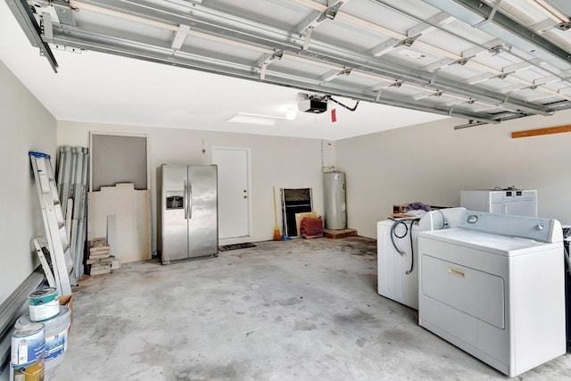 garage featuring a garage door opener, stainless steel fridge, washer and clothes dryer, and water heater