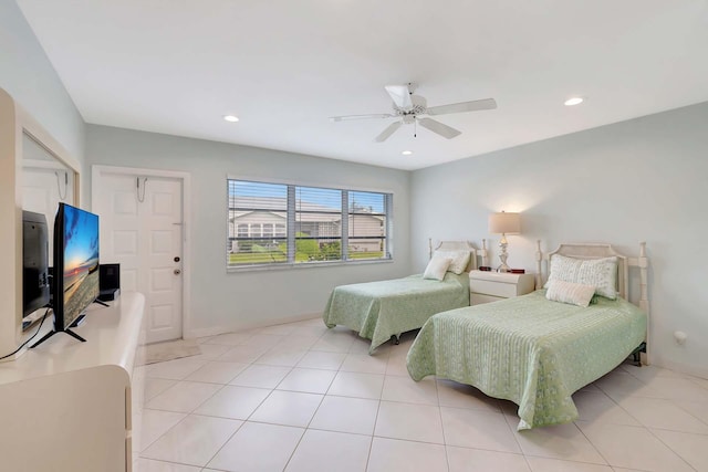 bedroom with light tile patterned floors and recessed lighting