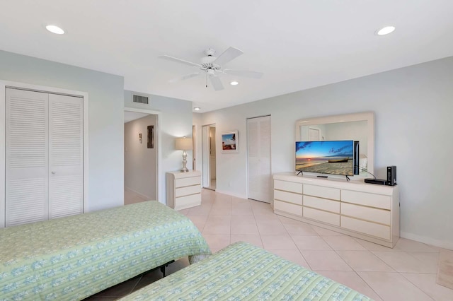 bedroom with light tile patterned floors, baseboards, visible vents, a ceiling fan, and recessed lighting