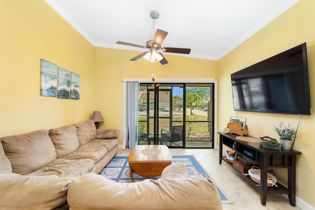 living room featuring light tile patterned floors, ceiling fan, ornamental molding, and baseboards