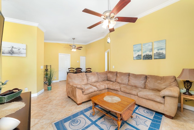 living room with ornamental molding, light tile patterned flooring, a ceiling fan, and baseboards