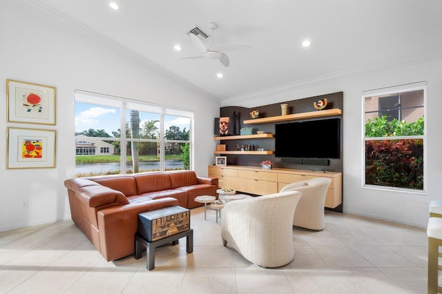 living room featuring recessed lighting, visible vents, a ceiling fan, vaulted ceiling, and ornamental molding